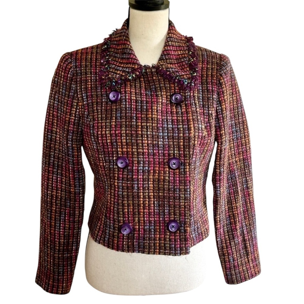 Talbots Tweed Boucle Double Breasted Blazer Jacket Pink Purple Plaid Petite 8